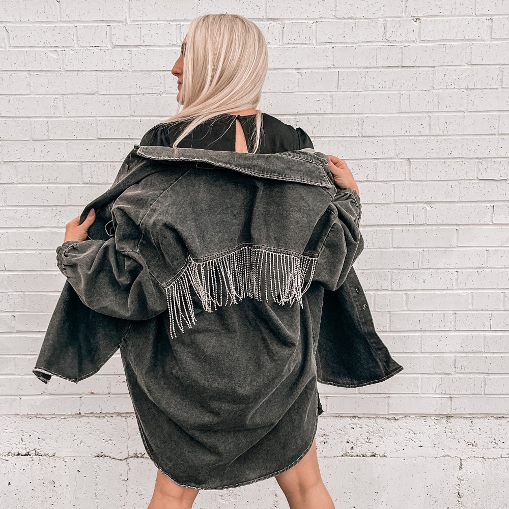 Rhinestone Denim Shacket in Vintage Black